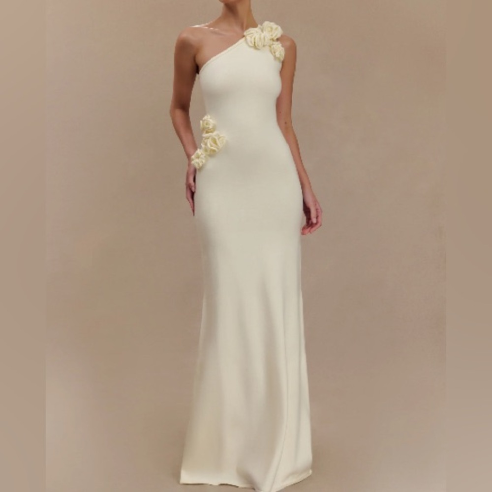 Meshki Cream One-Shoulder Maxi Dress with Floral Details